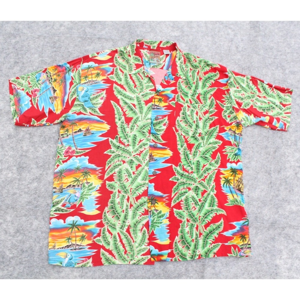 Pineapple Connection Men's XL‎ Button Up Shirt Red Hawaiian Island Palm Trees